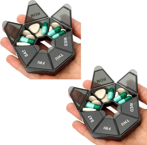 Pill Organizer 2 Pack, Weekly 7 Day Small Case for Medicine, 1 Time a Day Container, Travel Holder (Black)