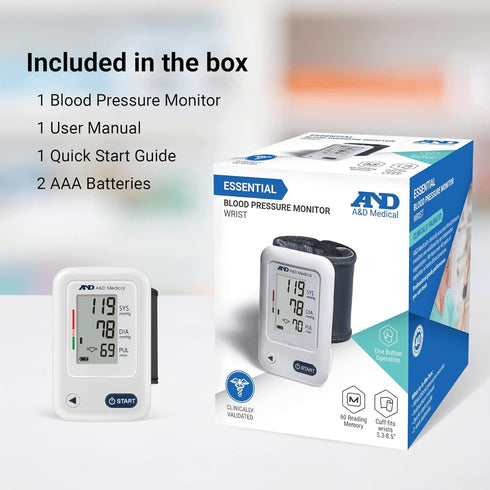 A&D Medical One Button Wrist Blood Pressure Monitor (5.3-8.5"/13.5-21.5 cm Cuff), Easy to Read Digital LCD Screen,