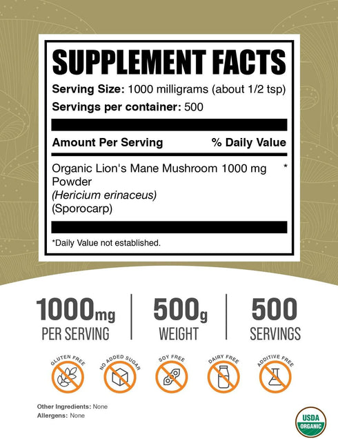 BulkSupplements.com Organic Lions Mane Mushroom Powder, Gluten Free - 1000mg per Serving, 500g (1.1 lbs) (Pack of 1)