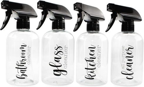 Cornucopia Plastic Cleaning Spray Bottles, Set of 4, 16oz Refillable Trigger Sprayers with Labels