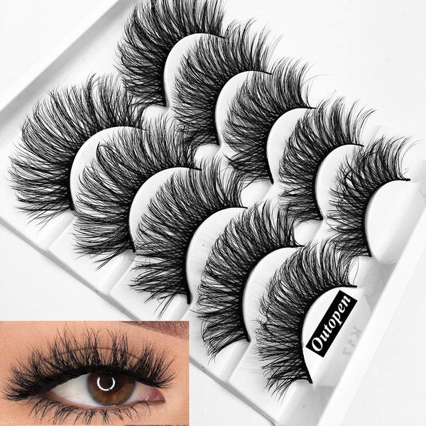 outopen 3D Mink Lashes Natural Wispy False Eyelashes 15mm Fluffy Long Eye Makeup Tools 5 Pairs Pack (Q1 | 13-15MM)