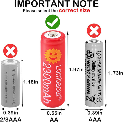 Lombaour 1.2v 2300mAh Light(12 Pack) AA Long Lasting Rechargeable Battery,Double A High Capacity Nickel Metal Hydride