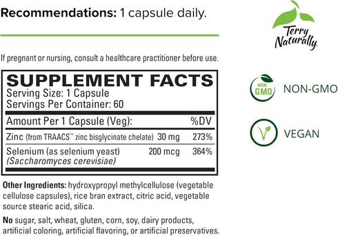 Terry Naturally Zinc Plus Selenium - 60 Capsules - Immune Support, Respiratory Function, Cellular Protection - Non-GMO, Vegan - 60 Servings