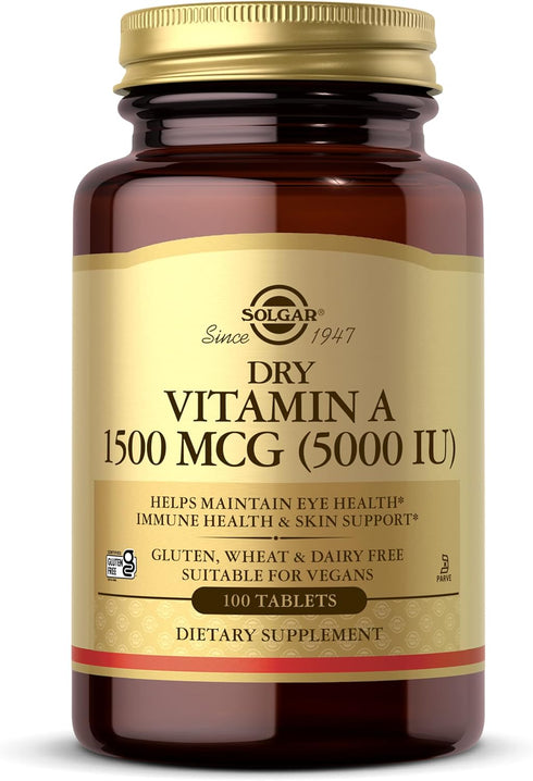 Solgar Dry Vitamin A 1500 mcg (5000 IU), 100 Tablets, Non-GMO, Vegan for Healthy Eyes, Skin & Immune System