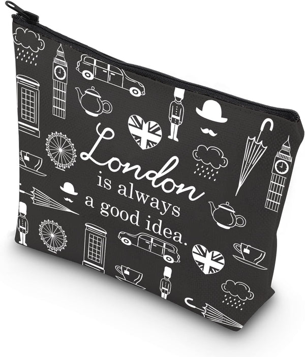 London Travel Gift Zipper Pouch Makeup Bag, London City Skyline, London Is Always A Good Idea (BLK-London)