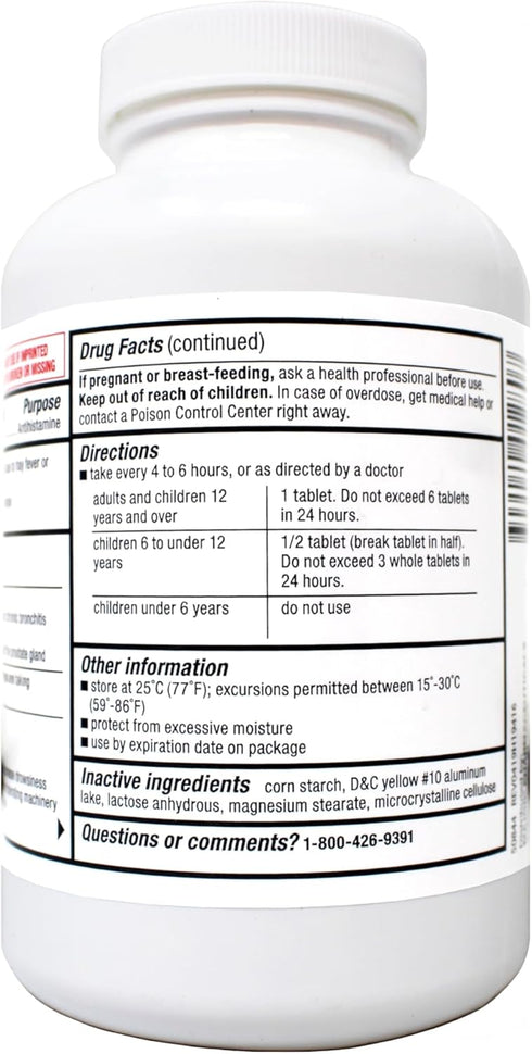 Major Allergy Tablets, Chlorpheniramine Maleate 4 mg, Antihistamine, 1000 Tablets