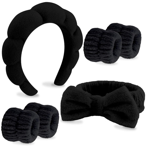 VELSCRUN 6 Pack Spa Headband, Makeup Headband, Black Sponge Hair Band Bow Tie for Washing Face