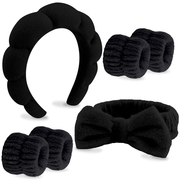 VELSCRUN 6 Pack Spa Headband, Makeup Headband, Black Sponge Hair Band Bow Tie for Washing Face