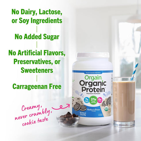 Orgain Organic Vegan Protein Powder, Cookies & Cream - 21g Plant Based Protein, Low Net Carb, 2.03 lb