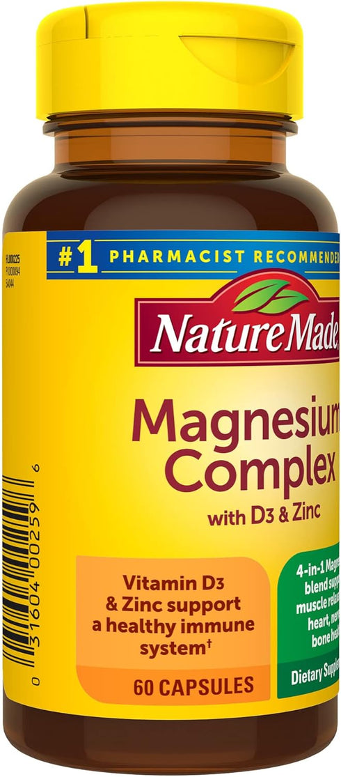 Nature Made Magnesium Complex with Vitamin D3 & Zinc, 60 Capsules, Muscle, Nerve, Heart & Bone Support