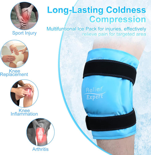 Relief Expert 20" XXXL Knee Ice Pack Wrap, Reusable Gel Ice Pack for Knee Injuries, Cold Compression Wrap After Surgery