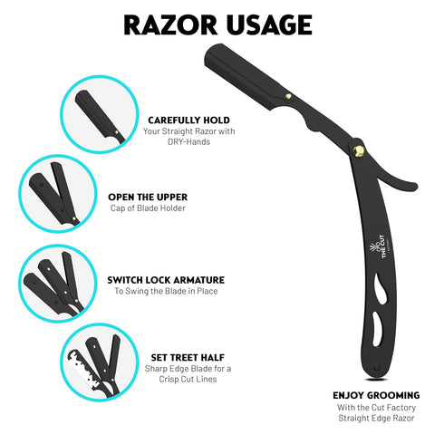 The Cut-Factory Straight Razor with 100 Pack Platinum Treat Professional Barber Razors for Men, Stainless Steel-Black