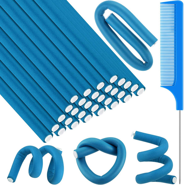 Syhood 30 Pcs Flexible Curling Rods 9.45 Inch, Soft Foam No Heat Hair Rollers and 1 Steel Pintail Comb for Women Long