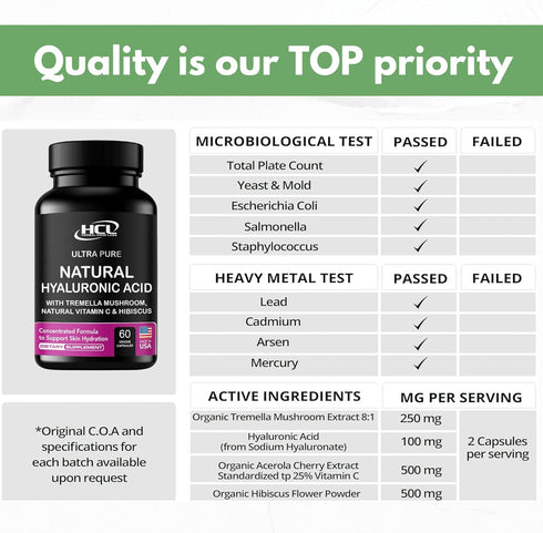 Natural Hyaluronic Acid Supplement, 5X Stronger Hydration Pills from Pure Tremella Mushroom with Vitamin C & Hibiscus