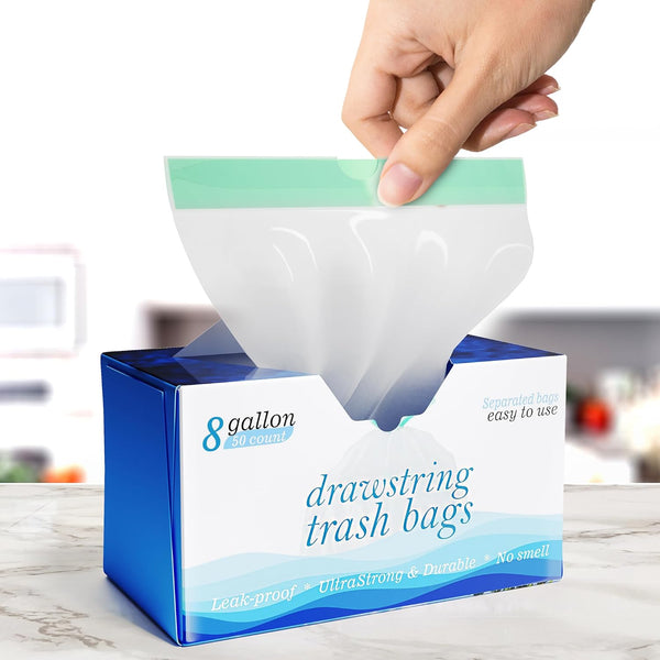 8 Gallon Drawstring Garbage Bags, 0.8 Mil Ultra Strong Medium Kitchen Trash Bags, 50 Count, White, Unscented
