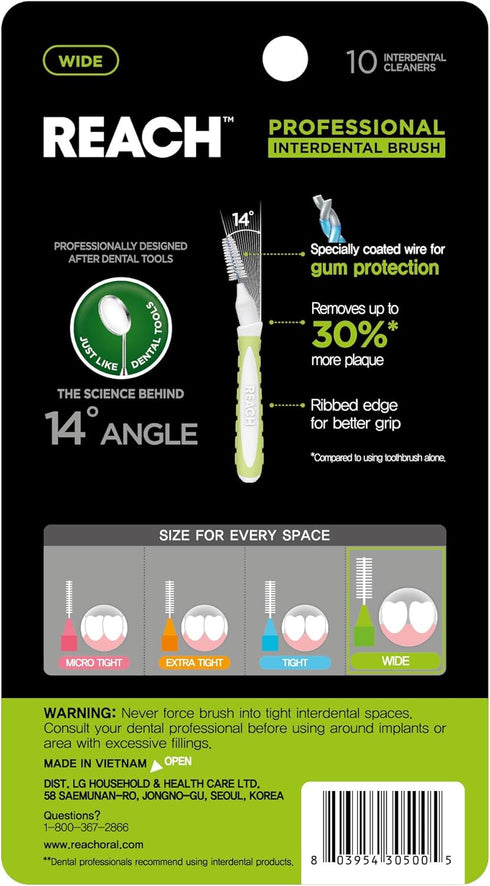 Reach Interdental Brush Cleaners, Wide, 10 Count, Sensitive Gum Protection, Plaque Remover for Adults & Kids