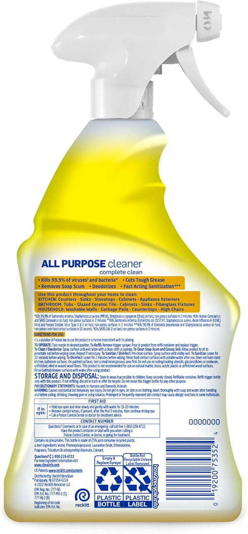 Lysol (pack 2) (pack 1) All Purpose Cleaner Spray, Multi-Purpose Disinfecting Spray, Kitchen & Bathroom Cleaner, Lemon