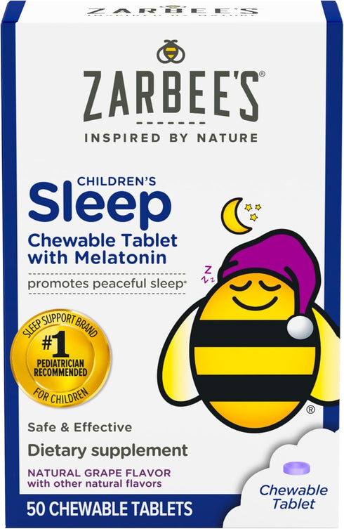 Zarbee's Kids Chewable Melatonin 1mg, Drug-Free Sleep Supplement, Natural Grape Flavor, 50 Count for Ages 3+