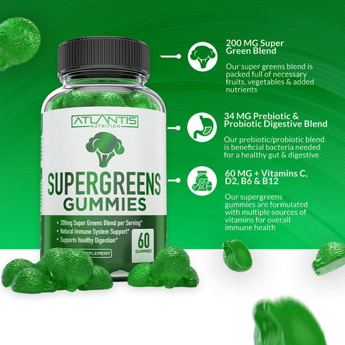 Supergreens Gummies, Daily Green Superfoods Supplement with Spinach, Broccoli, Moringa, 60 Gummies