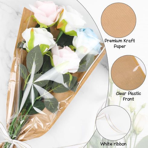 STEFORD 50Pcs 9.8x17.9 Inch Flower Bags for Bouquets Kraft Floral Sleeves Wrapping Paper with Ribbons for Mother's Day