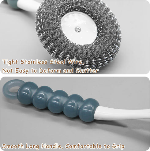 Stainless Steel Scrubber Dish Brush with Handle, Metal Scrubbers for Cleaning Dishes, Pots, Pans, Grills, Sinks