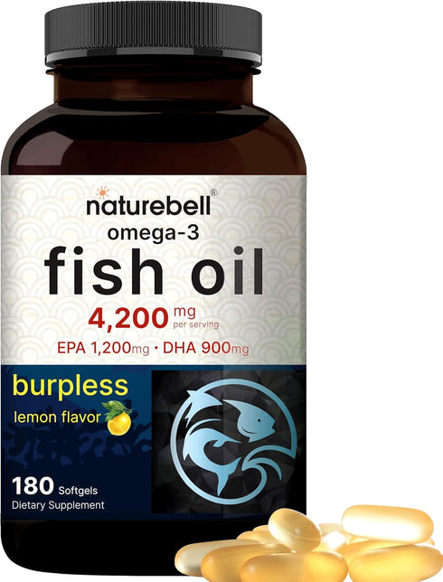 Omega 3 Fish Oil 4,200mg, 180 Burpless Softgels, Premium Wild Caught Fish, Heart & Brain Support - Mercury Free