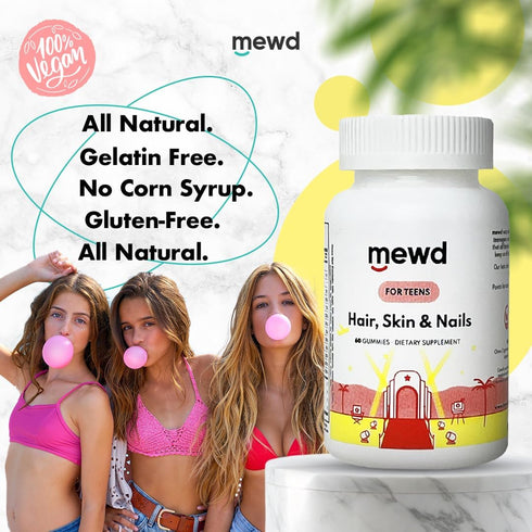Gummies D3, B1, B2, B6 B12 60 Count MEWD Teen and Kids Hair, Skin & Nails Support Multivitamin - Biotin Strength