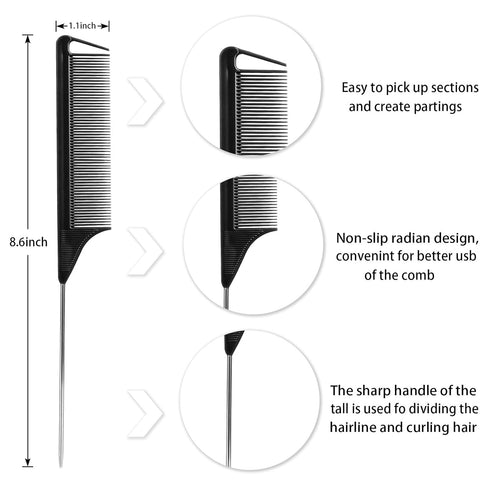 Rat Tail and Parting Combs with 3 Metal Teasing Combs and 7 Professional Sectioning Hair Clips