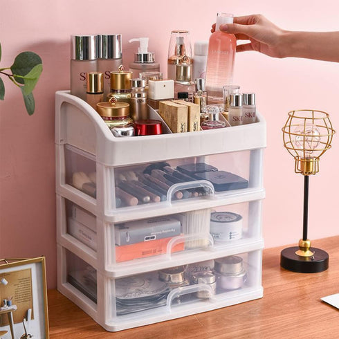 Makeup Organizer with 3 Drawers Plastic Storage for Vanity Cosmetic Display Cases Large Capacity Bathroom Countertop Plastic Storage for Skin Care Products(Arc Type) by Freebirdly