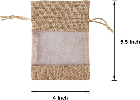 WRAPAHOLIC 20 pcs Burlap Drawstring Gift Bag - 4x5.5 inch Tan with One Side Organza Wedding Party Favor Bags