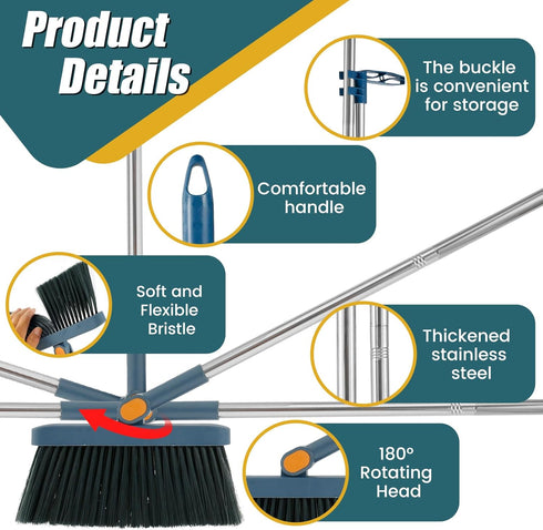 3Pcs Floor Sweeping Set - Broom and Dustpan Combo for Home, 180° Rotating Indoor Broom, Foldable Dustpan (Blue)