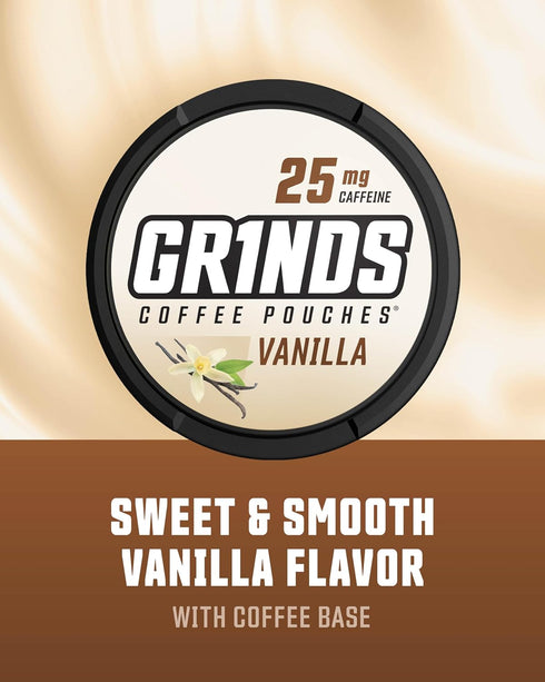 Grinds Coffee Pouches, Tobacco Free, Nicotine Free Healthy Alternative, 3 Cans of Vanilla, 18 Pouches Per Can, 1 Pouch