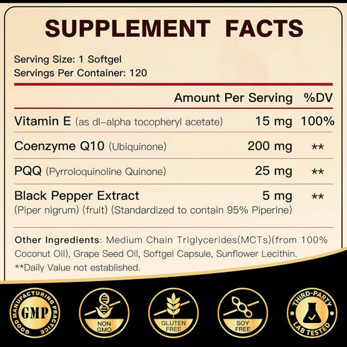 Coq10 200mg Upgraded, 6X High Absorption with Vitamin E & PQQ & Black Pepper Extract, Co q 10 Supplement for Heart Supports & Energy Production, Coenzyme Q10, 120 Servings