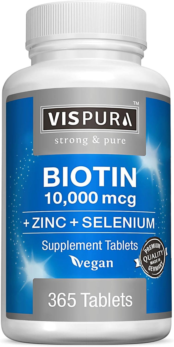 Biotin 10000 mcg + Zinc + Selenium, Vegan & Extra Strong Supplement for Hair Growth, 365 Tablets