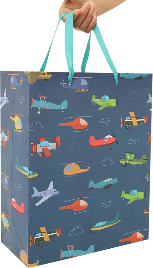 wishinside 13 Set 1 Large Helicopter Plane Gift Bag with Handles, Greeting Card, Tissue Papers and Stickers for Boys