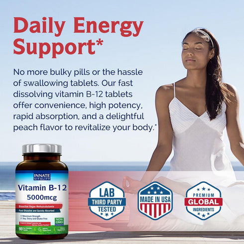 Innate Vitality Vitamin B12 5000mcg, Vegan Methylcobalamin, Fast Dissolve Tablets, Natural Peach Flavor, 90 Tablets