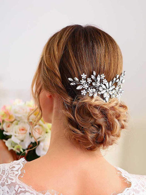 Unsutuo Crystal Bride Wedding Hair Comb, Silver Rhinestone Flower Bridal Hair Accessories for Women