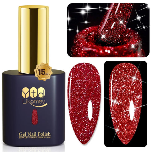 YTD Likomey Reflective Glitter Gel Nail Polish, 15ml Red Flash Diamond Shimmer Gel for Salon Home Nail Art