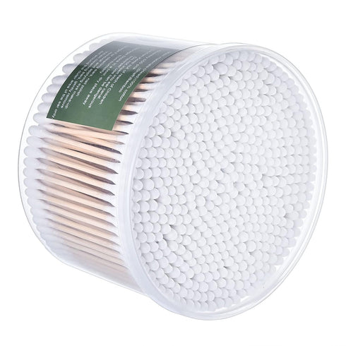 MONCOM Cotton Swabs 500 Count Double Round Thick Tips | Biodegradable Eco-Friendly Strong Wooden Sticks