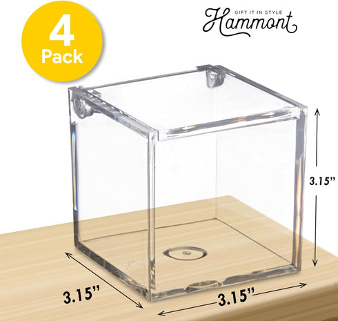 Hammont Clear Acrylic Box with Hinged Lid, Small Plastic Organizer for Office, Makeup, Crafts, 3"x3"x3", 4 Pack