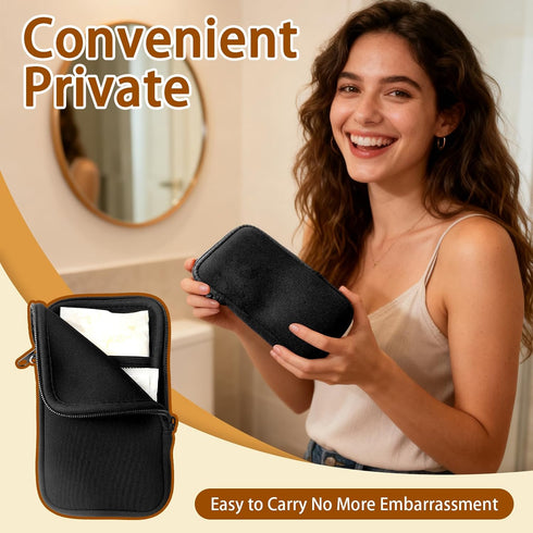 LUSTRIB Black Tampon Holder for Purse with Strap, Waterproof Period Pouch with Zipper, Portable Tampon Bag for Women