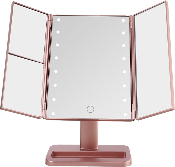 MELANNCO Rose Gold Tri Fold LED Vanity Mirror, 3 Magnifications, Dimmable LED Lights, Touch Control