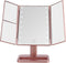 MELANNCO Rose Gold Tri Fold LED Vanity Mirror, 3 Magnifications, Dimmable LED Lights, Touch Control