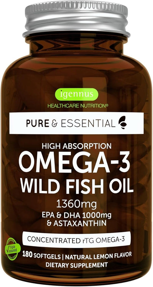 Super Concentrated rTG Omega 3 Wild Fish Oil - 1000mg, EPA DHA 2:1 Ratio, 180 Softgels, Non-GMO