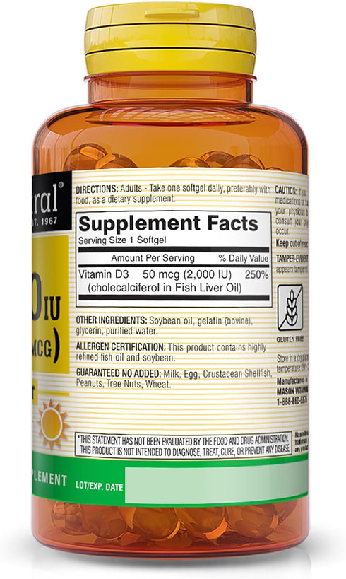 MASON NATURAL Vitamin D3, 2000 IU, Softgels, 120 ea