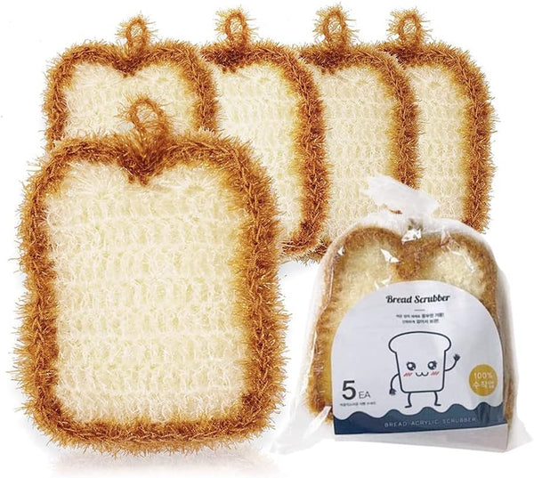 5 Pcs Cute Crochet Scrubbers, Toast Shaped No Odor Non-Scratch Reusable Scrub for Kitchen and Household Cleaning
