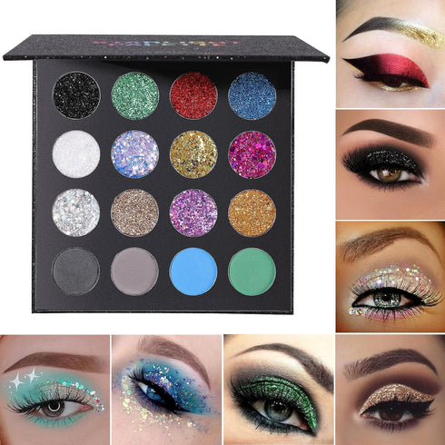 UCANBE Glitter Eyeshadow Makeup Palette - 12 Chunky & Fine Pressed Glitter + 4 Eye Shadow Powder for Theater Party