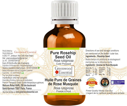 Pure Rosehip Seed Oil (Rosa rubiginosa) Cold Pressed for Personal Care 15ml (0.50 oz)
