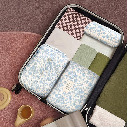 3 Pcs Cotton Quilted Makeup Bag Cute Aesthetic Floral Toiletry Bag, Large Travel Cosmetic Pouch for Women Girls