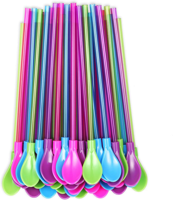 Set of 40 Hard Plastic Spoon Straws 9 Inch Detachable Kitchen Utensil for Coffee (4 Colors)